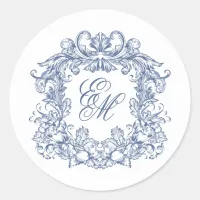 Elegant Blue Monogram Crest Vintage Wedding Classic Round Sticker