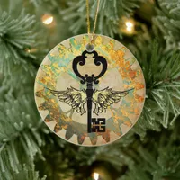 Steampunk Winged Key and Cog Wheel Ceramic Ornament