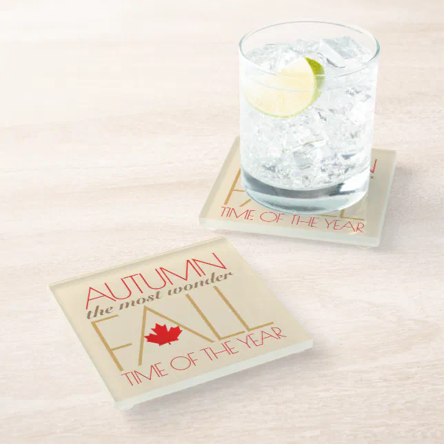 Autumn Red Leaves Word Art Wonder Fall ... Glass Coaster