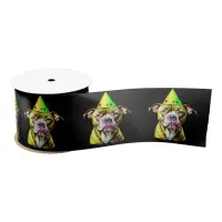 Pitbull with Birthday Hat  Satin Ribbon