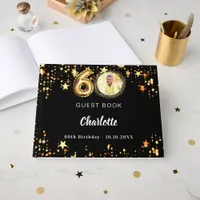60th Birthday black gold stars photo Guest Book