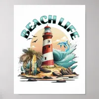 Beach Life | Tropical Lighthouse Art Poster