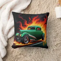 Classic hot rod with fiery flames on a dark road throw pillow