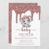 Rose Gold Glitter Drips Elephant Girl Baby Shower Invitation