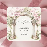 Wedding mr mrs heart script pink florals arch square sticker