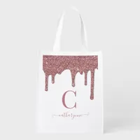 Rose Gold Sparkle Glitter Drips Monogram Grocery Bag