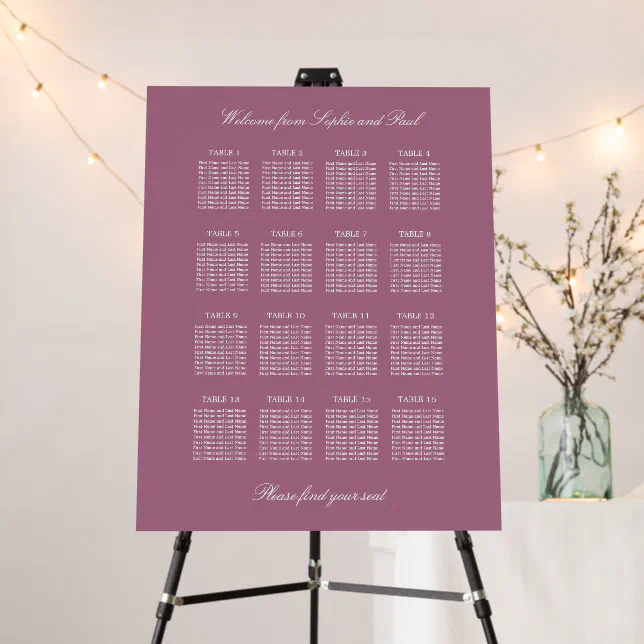 Mauve 16 Table Wedding Seating Chart Foam Board