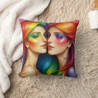 Rainbow Haired Women Embracing Colorful Beauty Throw Pillow