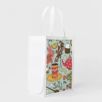 Retro Tea Time Tea Party Kitchen Breakfast Pattern Grocery Bag