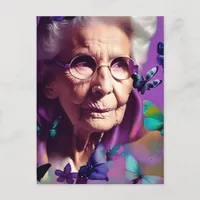 Elderly Woman in Purple With Butterflies Postcard