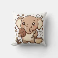 Kawaii Elephant Throw Pillow - Cute Coffee Charact