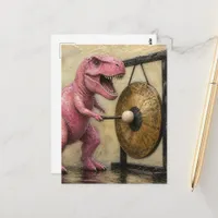 Pink T-Rex Bangs a Gong Postcard