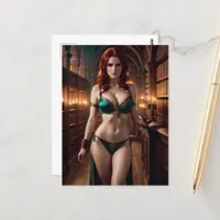 Sexy Red Headed Woman in the Library Postcard