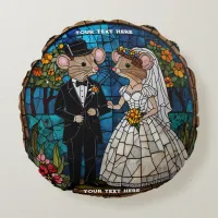 Cute Mouse Wedding Couple Mosaic Stained Glass Round Pillow