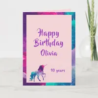 Unicorn girly fantasy pink purple 10th birthday card