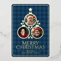 Christmas Modern Tartan Plaids Family Blue Photo Foil Holiday Card