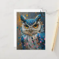 whimsical blue owl pink blue polka dot splatters postcard