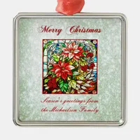 Green Glitter Stained Glass Red Christmas Flowers  Metal Ornament