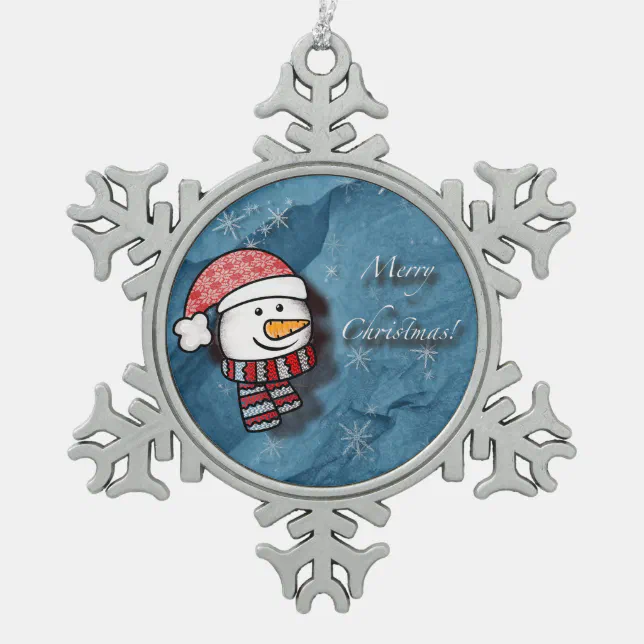 Merry Christmas, snowman with knitted clothes Snowflake Pewter Christmas Ornament