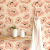 Peach Poppies On Cream Elegant Floral Wallpaper