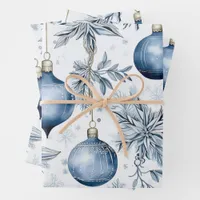 Vintage Blue Christmas Tree Ornaments Pattern Wrapping Paper Sheets