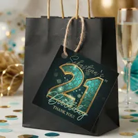 Glam Teal Blue Gold Agate Mosaic 21st Birthday Favor Tags