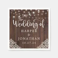 Rustic Wood String Lights Lace Wedding Napkins