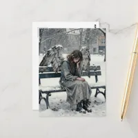Melancholy Angel in Snowy Park Ink Drawing Postcard