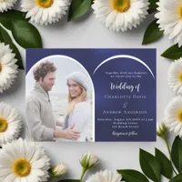 Navy blue white photo arch wedding invitation