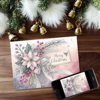 Pink Poinsetta and Silver Ribbon Christmas Card