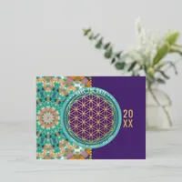 Save the Date Aqua Orange Flower of Life Geometry Foil Invitation Postcard