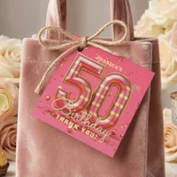 Hot Pink Gold 3D Striped 50th Birthday Thank You Favor Tags