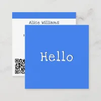 Hello Bright Blue QR Code Barcode Chic Template Square Business Card