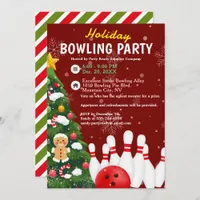 Holiday Bowling Party Xmas Tree Red Background Invitation