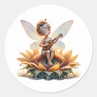 Pretty Little Fairy on Sunflower with Ukulele Classic Round Sticker