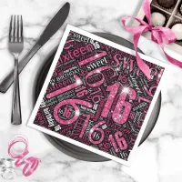 Sweet Sixteen Sparkle Word Cloud Pink Blk ID265 Napkins