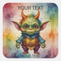 Cute happy colorful funny little goblin creature square sticker