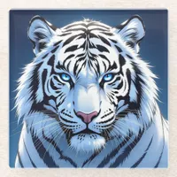 Blue eyed White Tiger Ai Art Glass Coaster
