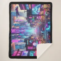 Vibrant Neon Cyberpunk Cityscape Fantasy | Sherpa Blanket