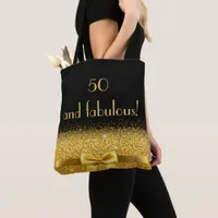 Black gold bow elegant name 50 fabulous tote bag