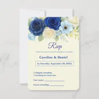 Navy Royal Bue Wedding Watercolor Ivory Flowers RSVP Card