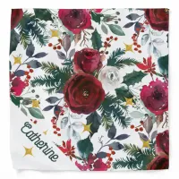 Burgundy Roses, Pine, Holly Christmas Floral Bandana