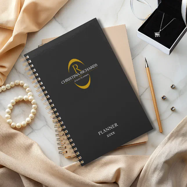 Gold Monogram Black Modern Elegant Business Planner