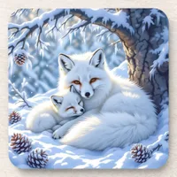 Sweet White Foxes in the Snow Beverage Coaster