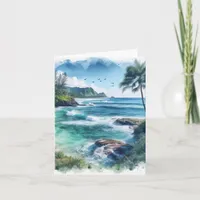 Tropical Island Watercolor Coastal Seascape Blank Note Card