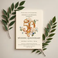 Elegant Gold and White 50th Wedding Anniversary Invitation