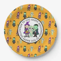 Cute Witch, Vampire and Mummy Halloween Party Paper Plates