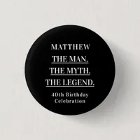 Birthday black white photo man myth legend button