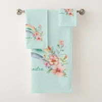 Pretty Watercolor Flowers and Rainbow Bath Towel Set