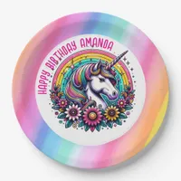 Colorful Unicorn and Rainbow Personalized Birthday Paper Plates